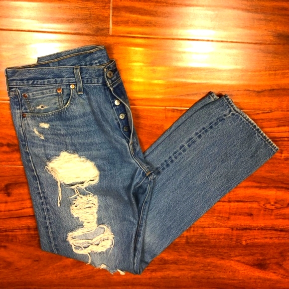 Levi's 501 Button Front Destroyed Straight Leg Denim Jeans - Picture 6 of 16